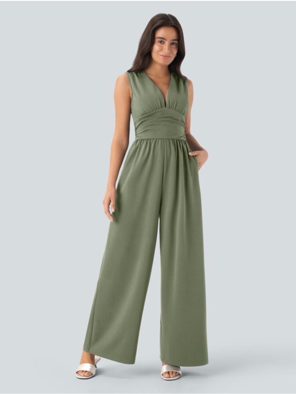 HALARA Women's Olive Green V-Neck Sleeveless Ruched Pocket Wide Leg Jumpsuit